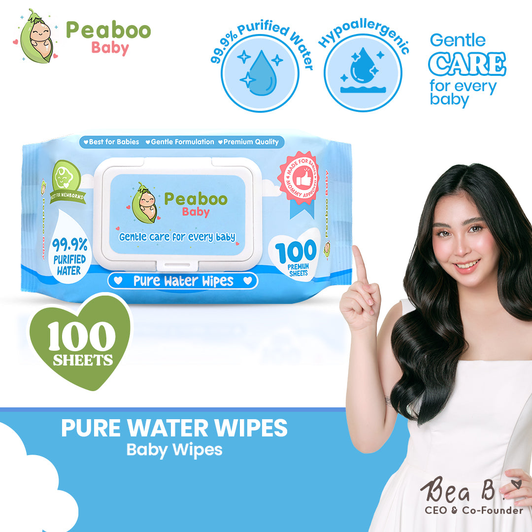 Peaboo Baby Premium Pure Water Wipes Unscented 99.9% Purified Water for Sensitive Skin 100 Sheets