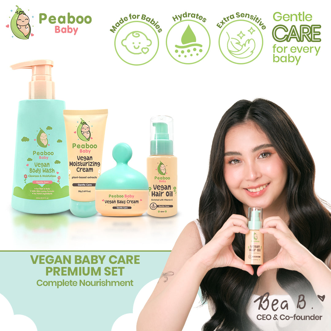 Peaboo Baby Vegan Baby Care Premium Set (Moisturizing Cream, Face + Body Cream, Body Wash, Hair Oil)