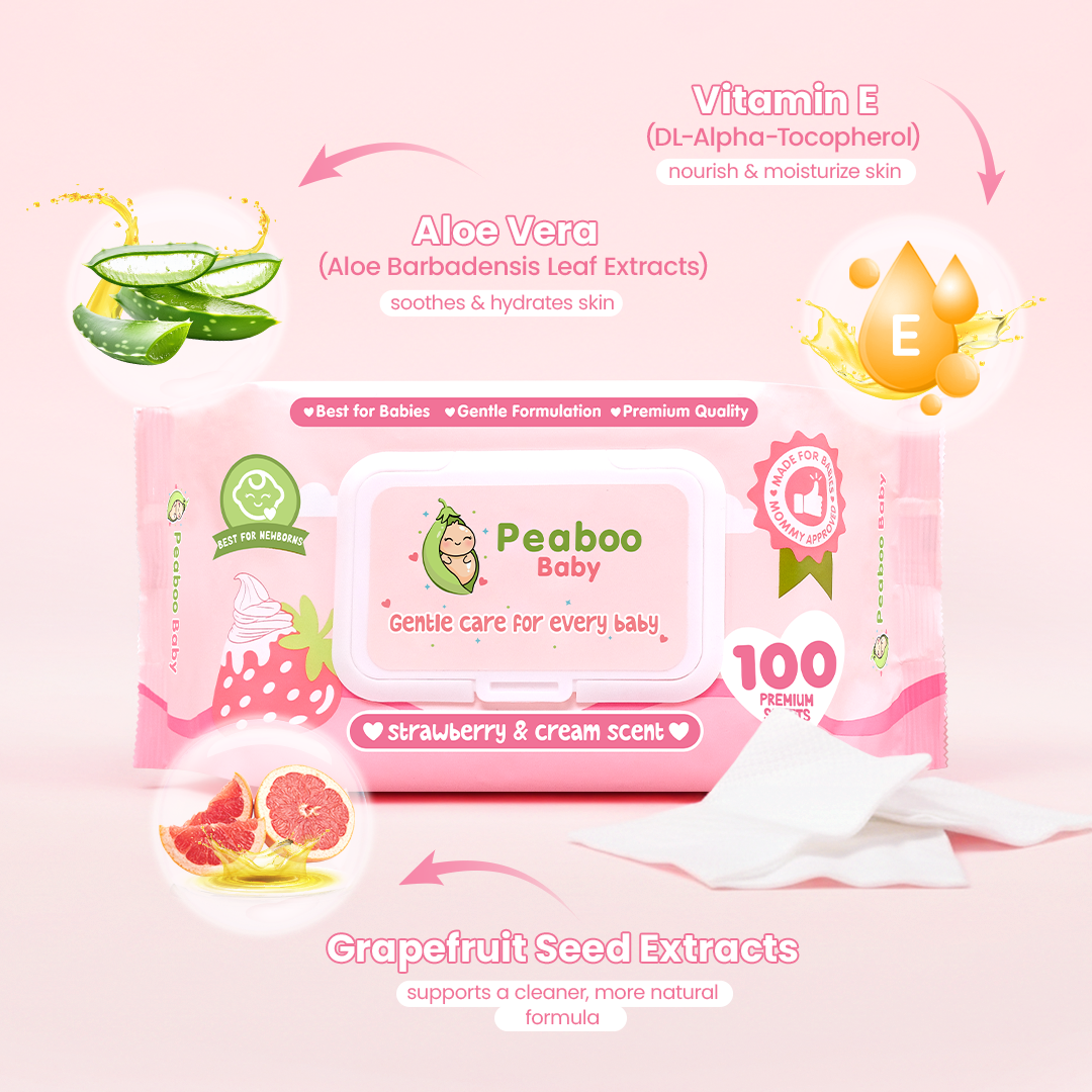 Peaboo Baby Strawberry & Cream Scent Baby Wipes Hypoallergenic for Sensitive Skin 100 Sheets