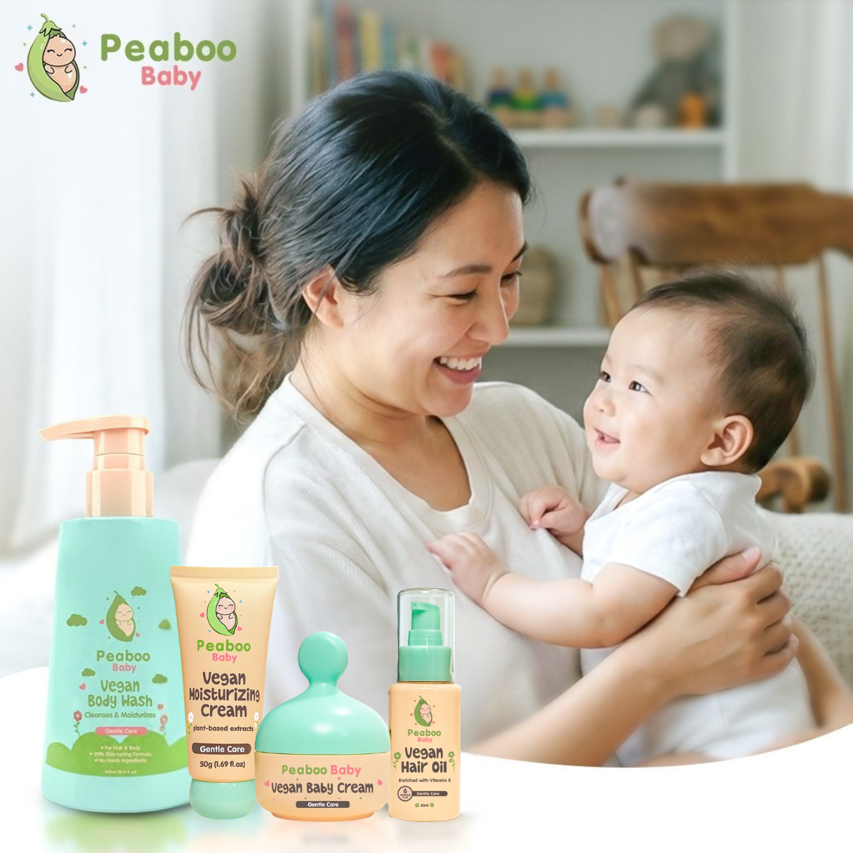 Peaboo Baby Vegan Baby Care Premium Set (Moisturizing Cream, Face + Body Cream, Body Wash, Hair Oil)
