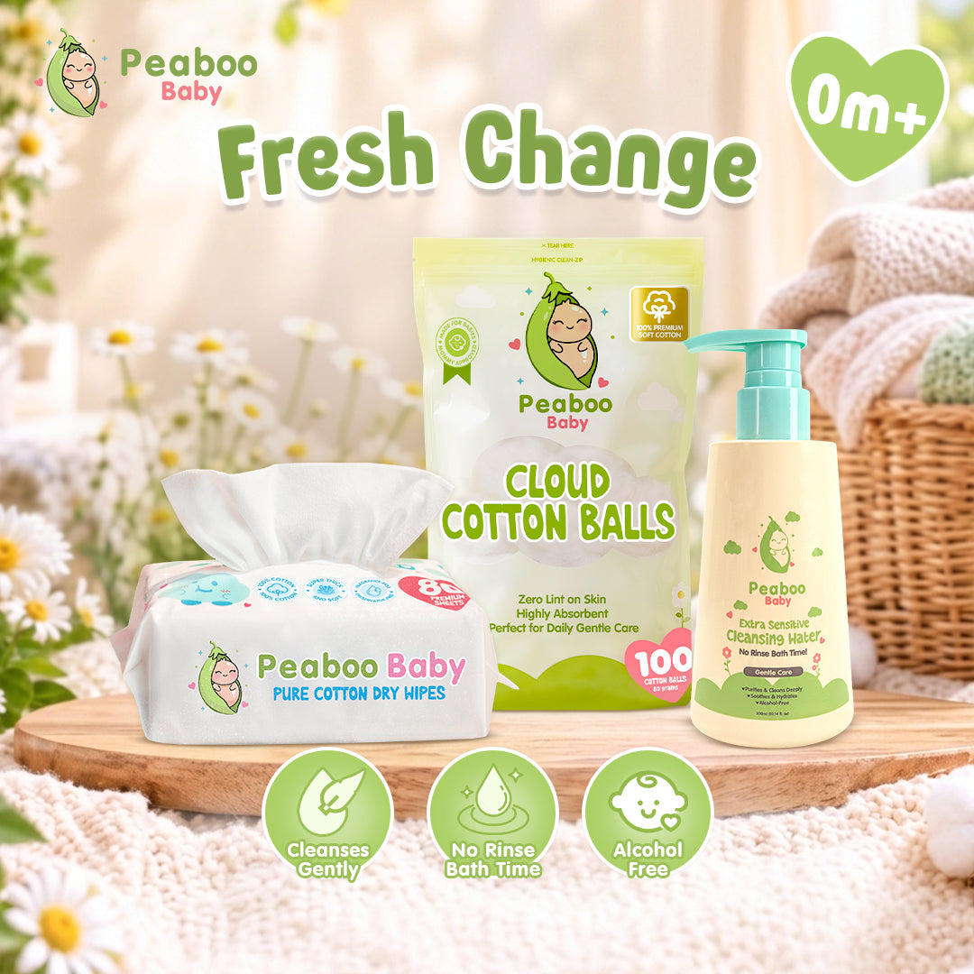 Peaboo Baby Fresh Change Set Cleansing Water & Dry Wipes Cotton Balls Hypoallergenic Paraben-Free No-Rinse Baby Bath Ultra Soft & Thick Premium Sheets Multi-purpose Travel essential