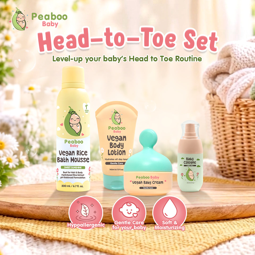 Peaboo Baby Head to Toe Set (Bath Mousse + Body Lotion + Face Cream + Baby Cologne) Bodycare Routine Essential for 1 year old and up