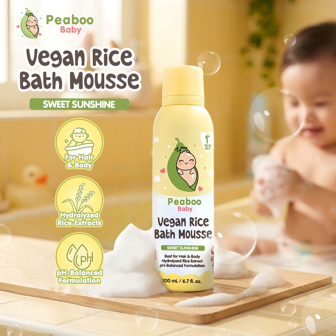 Peabo Baby Vegan Rice Bath Mousse 200ml Bottle 2in1 Hair & Body Wash Bath Foam with pH-balanced Mild & Skin Friendly Fun & Fluffy Mousse