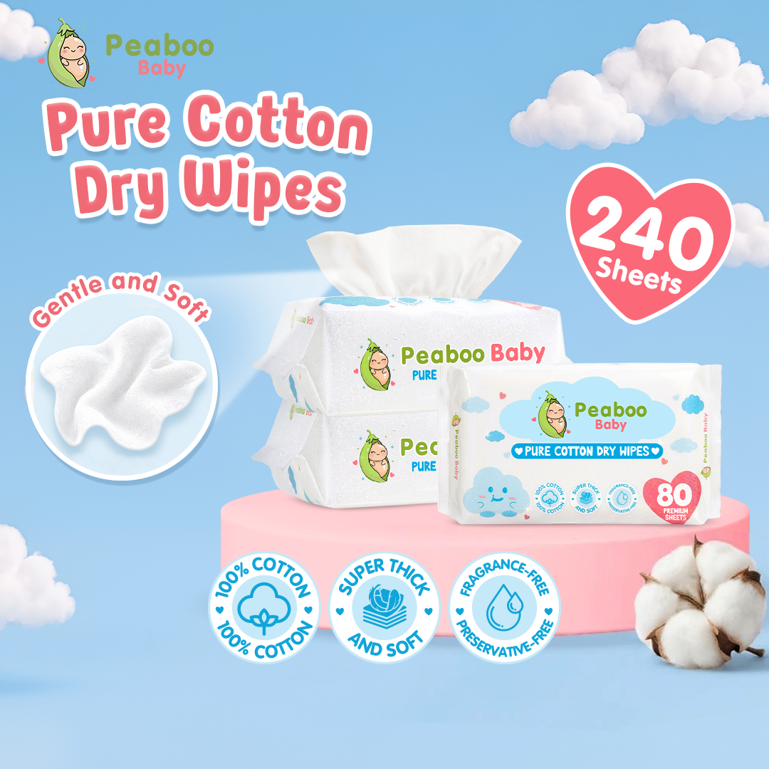 Peaboo Baby Pure Cotton Dry Wipes Plant Fiber Hypoallergenic Fragrance Free Ultra Soft & Thick Multi-purpose 240 & 480 Premium sheets