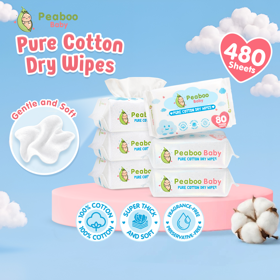 Peaboo Baby Pure Cotton Dry Wipes Plant Fiber Hypoallergenic Fragrance Free Ultra Soft & Thick Multi-purpose 480 & 800 Premium sheets
